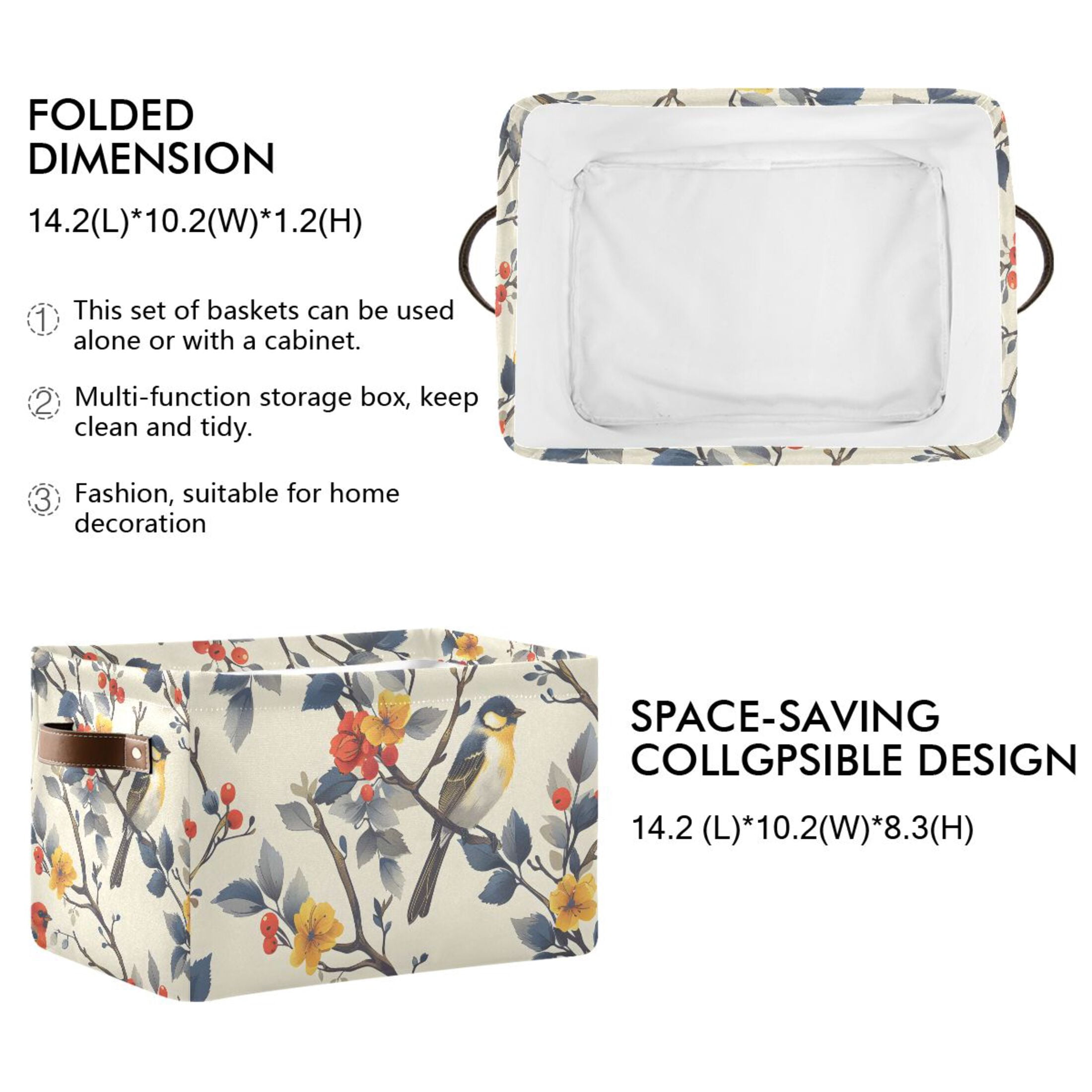 Ryvnso Birds on Tree Pattern Storage Basket Large Bin Foldable Boxes Toys Organizer 14.2x10.2x8.3in 2 PCs