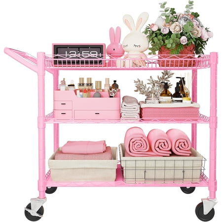 Metal Pink Utility Cart, 3 Tier Rolling Cart 990lbs Capacity Heavy Duty NSF Chrome Wire Cart with Smooth Wheels & Handle, Heavy Duty Roller Storage Shelf for Bedroom, Bathroom, Garden, Bar, Decor