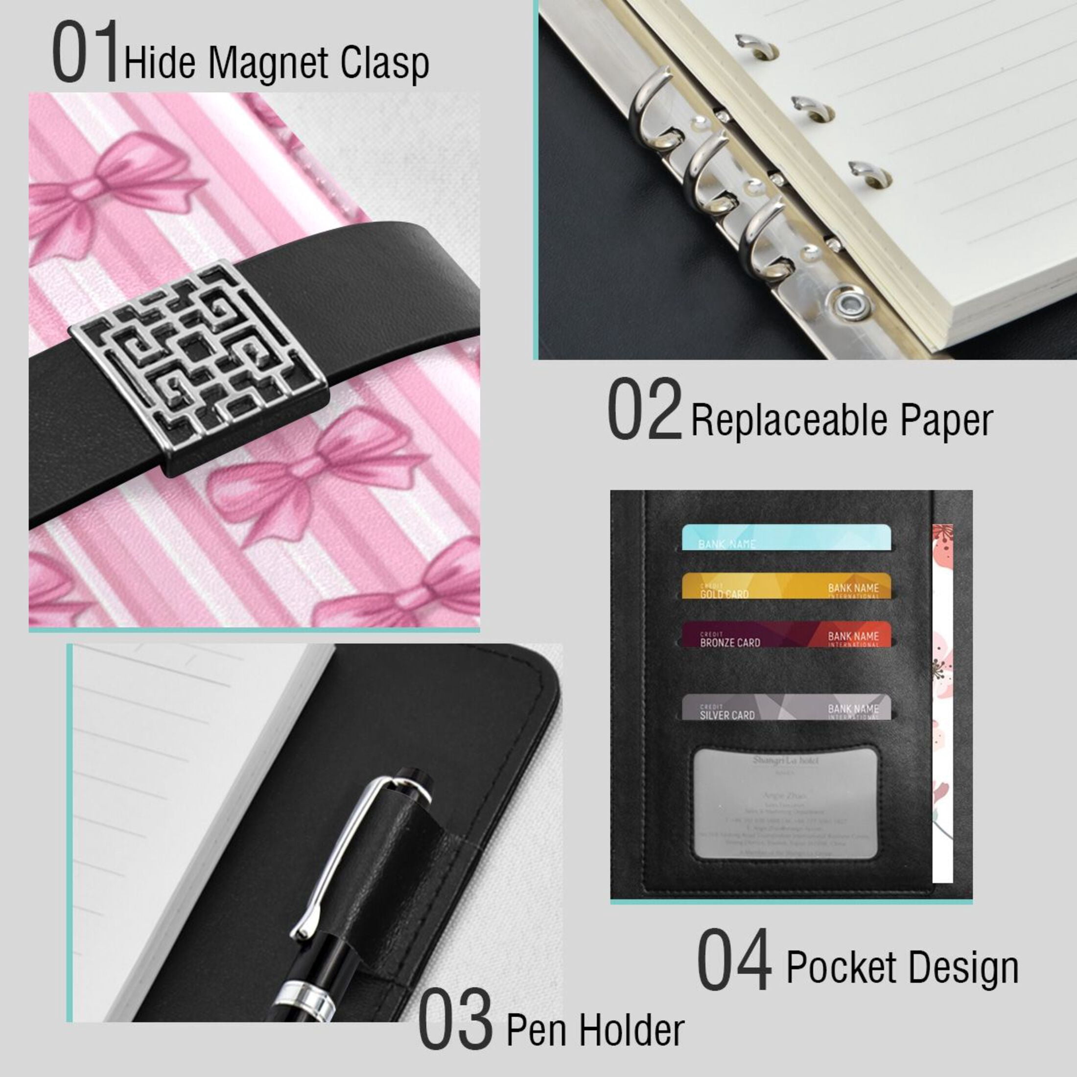 9.2x6.7 inch Leather Notebook 100 Sheets, Multi-Pocket Design & Pen Loop Pink Bows Refillable Journal Organizer