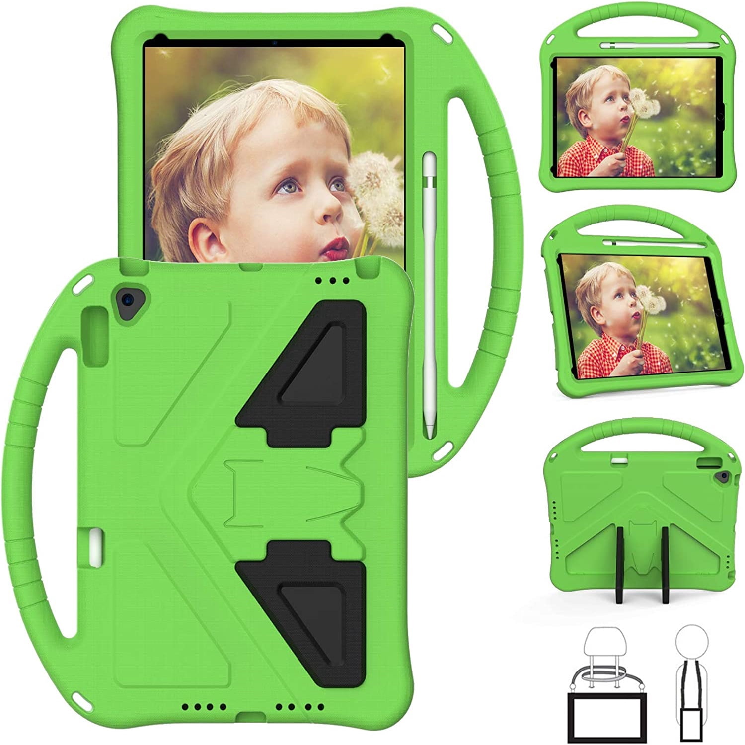 Allytechgroup Kids Case for iPad 9th/8th/7th Generation iPad 10.2 inch 2021/2020/2019 with Kickstand/Handle Stand/Pencil Holder [Screen Protector] Shockproof Cover for Boy Girl Children, Green