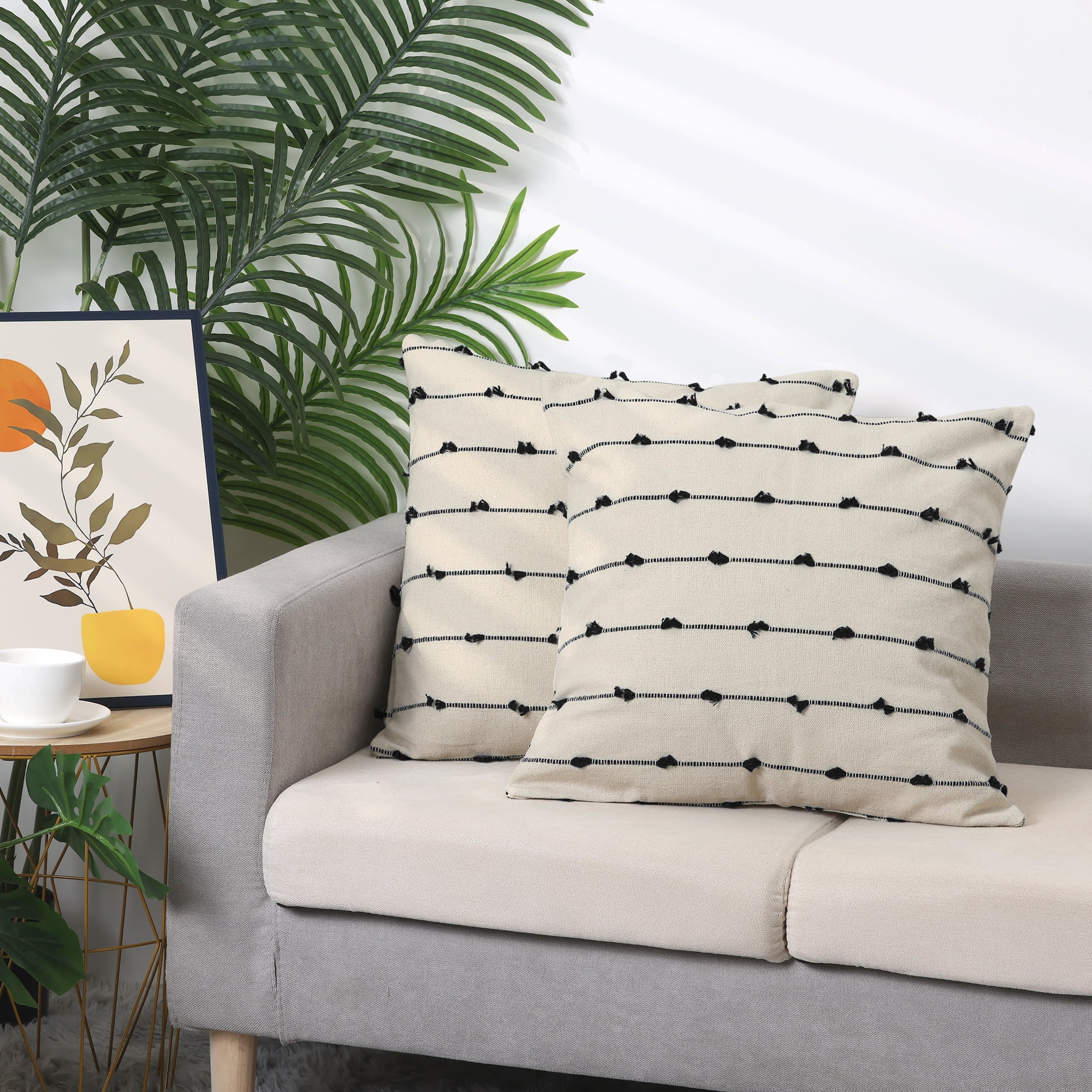 Unique Bargains 2 Pack Striped Boho Decorative Cushion Pillow Covers Modern Square Neutral Black 18" x 18"