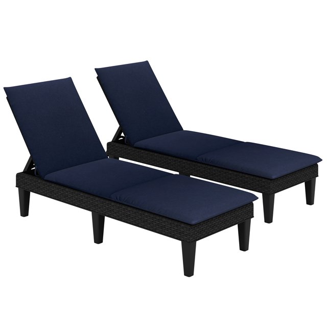 Gymax 2PCS Patio Lounge Chair Recliner Chair w/ 3-Position Adjustable Backrest & Cushion Black & Blue