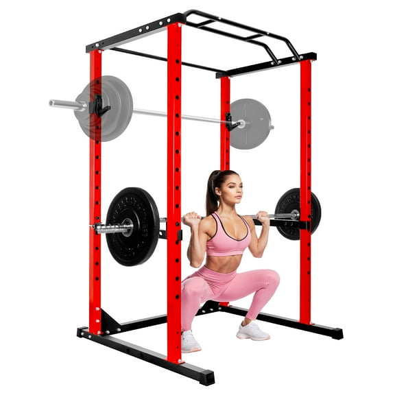 Red Adjustable Squat Rack with Protection Arms,1200LBS Heavy Duty Power Cage, 44.3x45.6x81.5" Compact Fitness Cage for Home Gym, All-in-One Weight Training Cage with Safety Bars