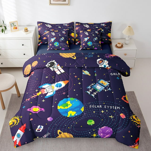 Erosebridal Cartoon Robot Rocket Bedding Full Size,Retro Pixel Comforter Sets with Sheets,Purple Galaxy Universe Bedding Sets Full Size,Microfiber Room Decorative Reversible,7pcs