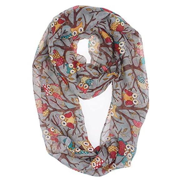VIVIAN VINCENT Women Soft Light Weight Cartoon Owl Sheer Infinity Scarf Hallowen Gray