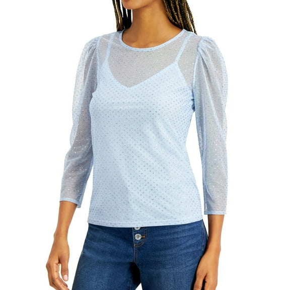 I.N.C Womens Glitter-Dot Mesh Pullover Blouse, Blue, Medium