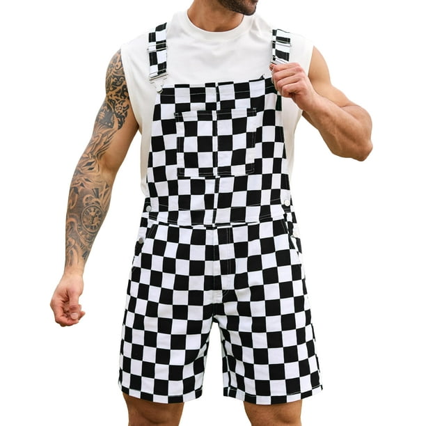 Mono con babero, a cuadros, para hombre, pantalones cortos, color negro