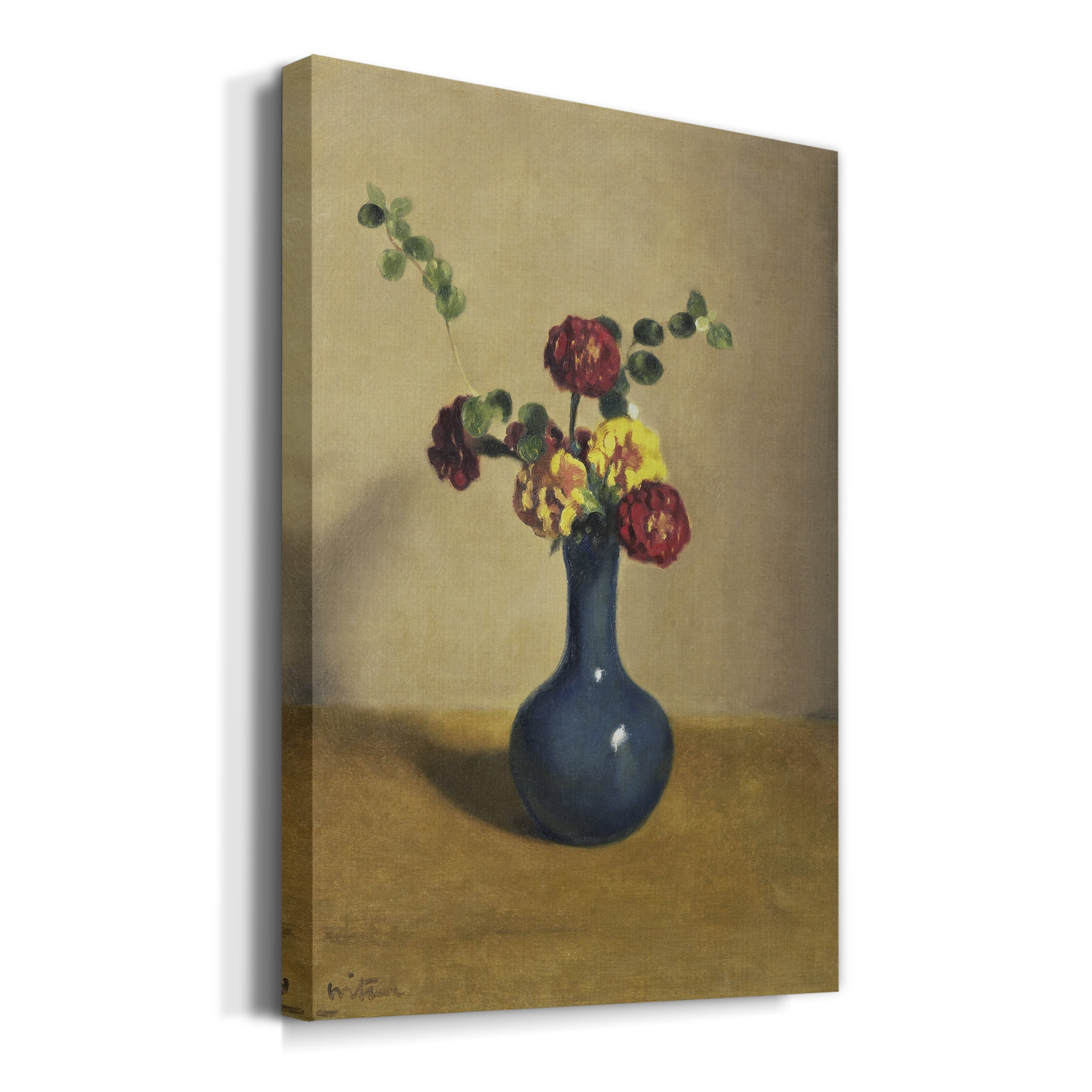 Afrikaantjes in een blauw vaasje Premium Gallery Wrapped Canvas - Ready to Hang - 24 x 36