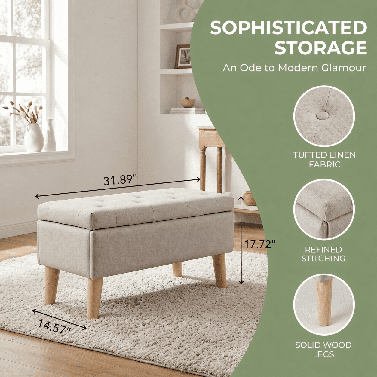 32" Wide Square Storage Ottoman Bench with Inner Storage Space, Upholstered Footrest & Bed End Bench, Multi‑Functional for Living Room, Bedroom
