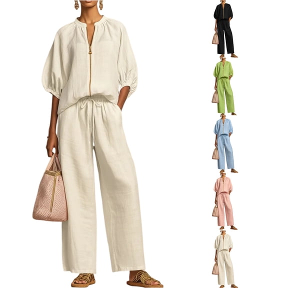 Two Piece Outfits for Women Zip Front Top Wide Leg Pants Set Casual Summer Matching Set Loose Fit Tracksuit,White S