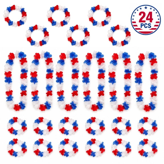 Patriotic Flower Leis,Red White and Blue Hawaiian Leis for 4th of July Party Decorations,Independence Day Patriotic Party Favors,24 Pcs