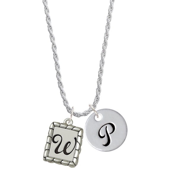 Delight Jewelry Silvertone Pebble Border Initial - W Silvertone Script Initial Disc - P - Charm Necklace, 20"+3"