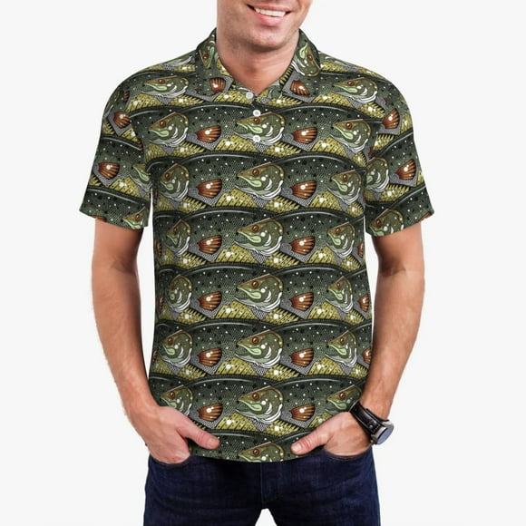 Saiise Largemouth Bass Fish Print Mens Golf Shirt Moisture Wicking Quick-Dry Print Performance Polo Shirts for Men-Medium