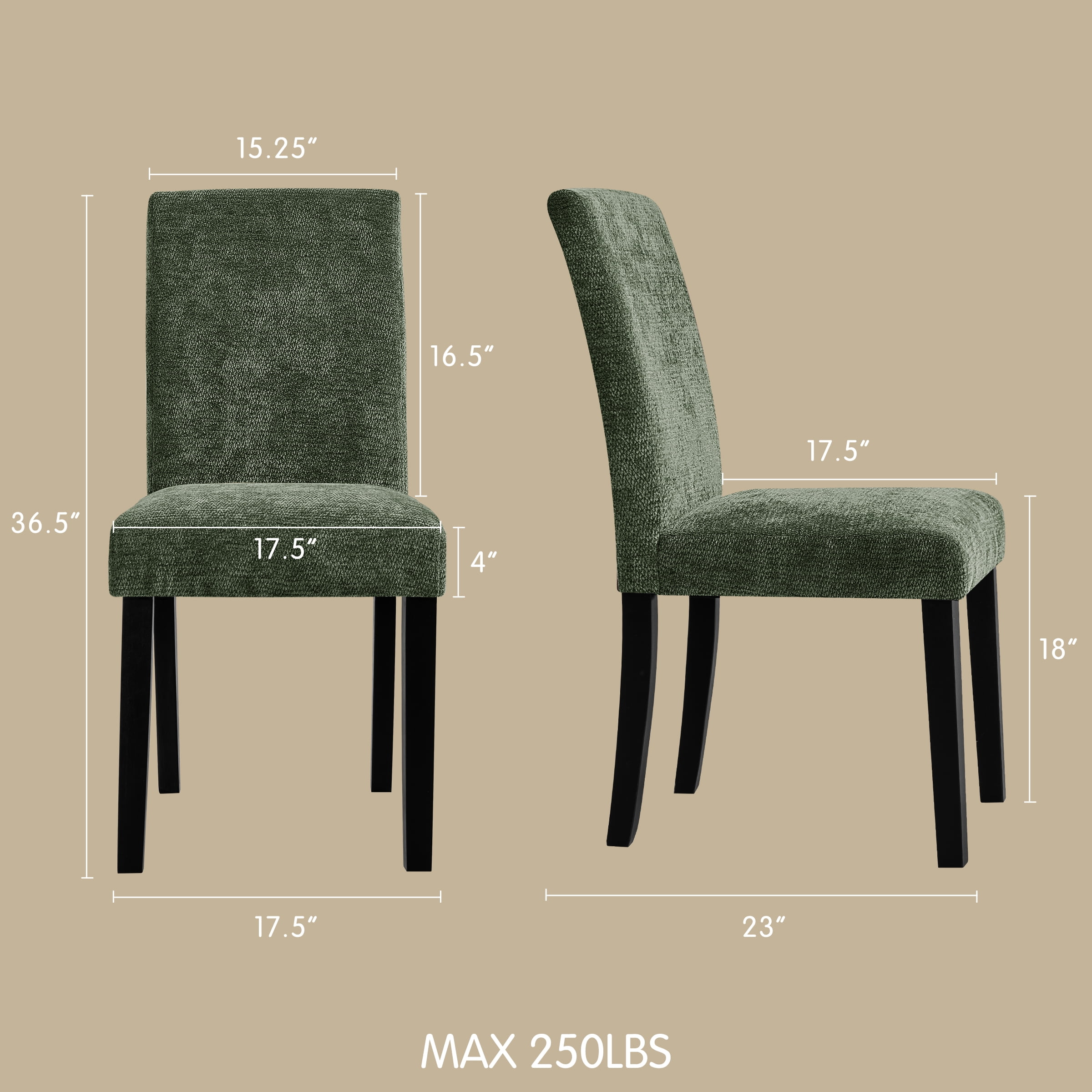 DyFun Chenille Upholstered Dining Chairs Set of 2 for Kitchen Dining Room or Apartment Living, Green