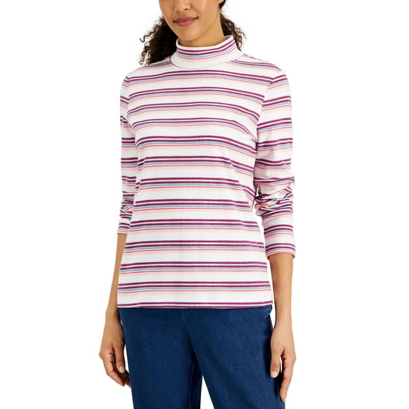 Karen Scott Womens Desert Stripe Mock Neck Top Bright White L