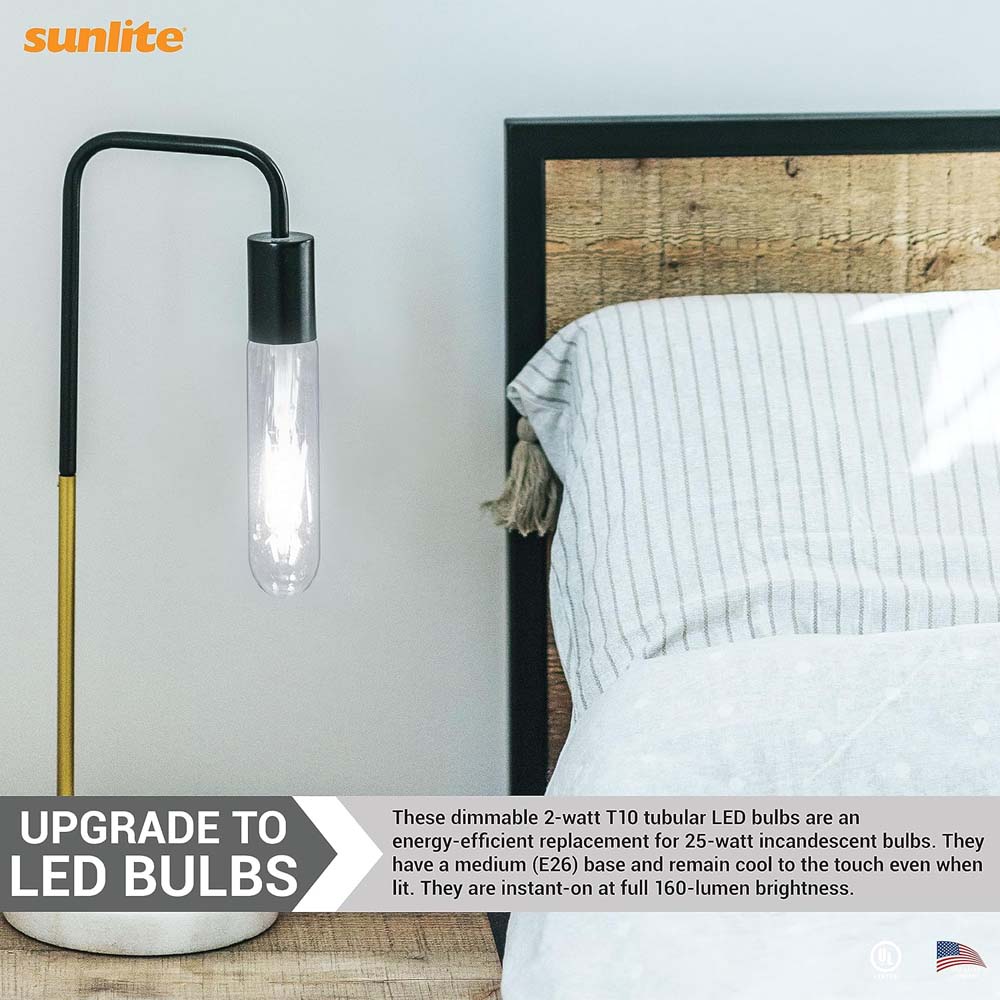 Sunlite 41793 LED Edison T10/T30 Tubular Light Bulb, 2 Watts (25W Equivalent), 160 Lumens, Medium E26 Base, 120 Volts, Dimmable, 90 CRI, UL Listed, Clear, 5000K Daylight, 6 Pack