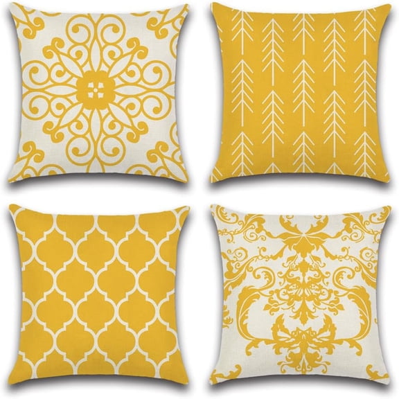 Pillow Covers 18x18 Set of 4, Modern Sofa Throw Pillow Cover, Decorative Home Outdoor Linen Fabric Geometric Pillow Case for Couch Bed Car 45x45cm, Yellow