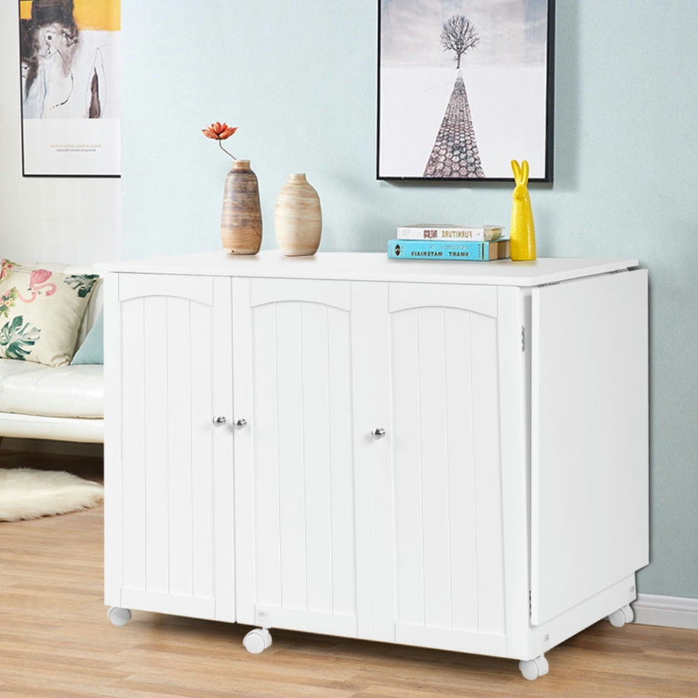 Demi Bonn Folding Sewing Table Shelves Storage Cabinet Craft Cart with Wheels, Small Home Office Desk Study Writing Table, White