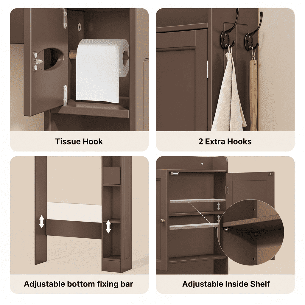 Aiho 70.3" Tall Over the Toilet Storage Cabinet, Bathroom Organizer Above Toilet with Adjustable Shelves & 2 Side Hooks, Space Saver for Bathroom, Laundry, Dark Brown