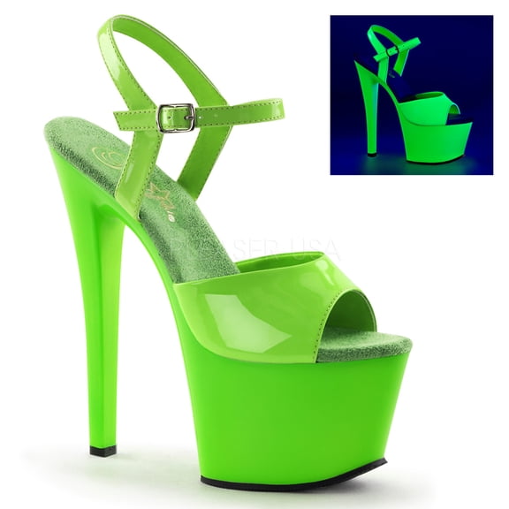 **7" Heel 2 3/4" PF Ankle Strap Sandal, Neon UV Reactive - Neon Blue/Blue, 5