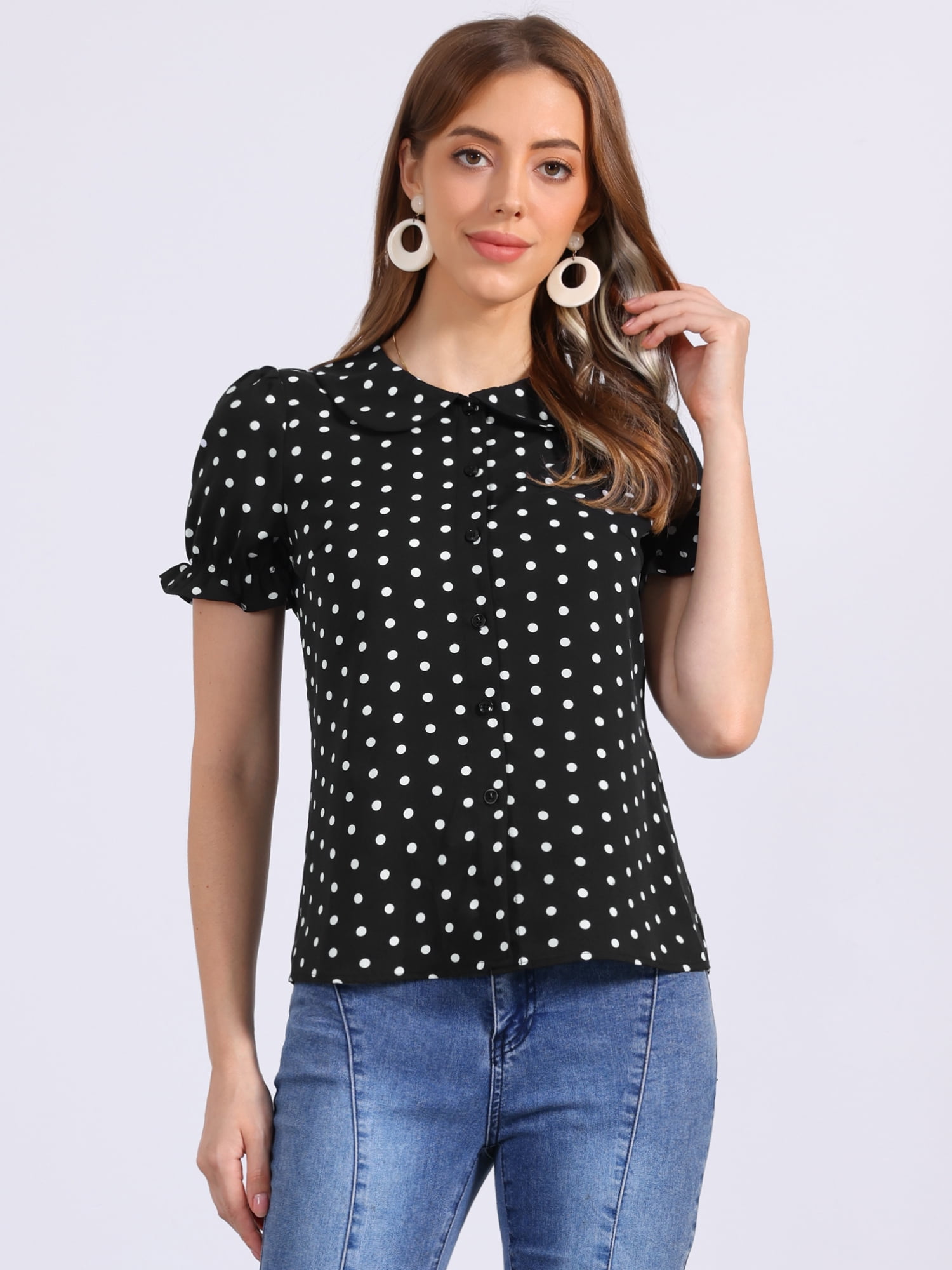 DARING DIVA Women's Polka Dots Short Puff Sleeve Button Up Collar Blouse S Black White