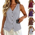 thumbnail image 2 of Gsakboxl Womens Tops 2026 Women Old Money Style Pocket Button Down Cotton Linen Sleeveless Vest Loose Fit Lightweight Breathable Fashion Summer Layering Tank Top Blouse Grey XL, 2 of 7