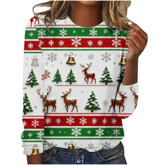 Fall Fashion Must Haves Christmas Tops for Women Christmas Print T-Shirt Long Sleeve Crew Neck Holiday Top Blouse Apparel Fall Clothes My Items