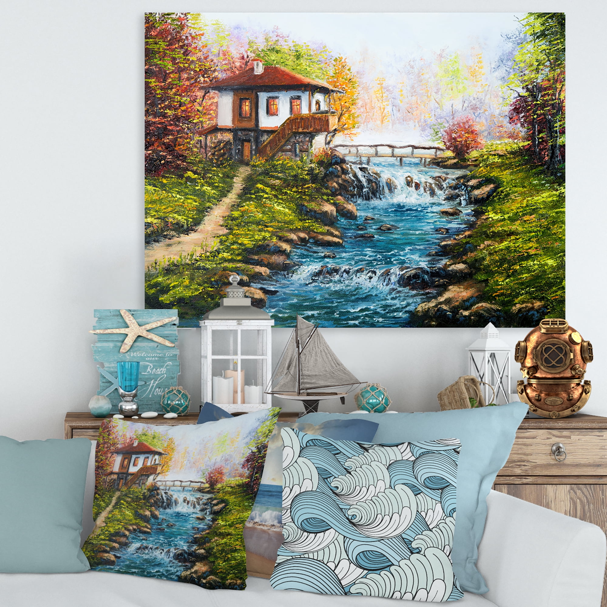 Designart ' Traditional Bulgarian River and House ' Lake House Canvas Wall Art Print
