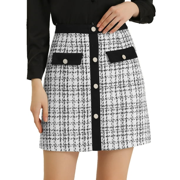 Falda corta de tweed de cintura alta con decoración de botones de colores a cuadros elegantes para mujer Blanco XL