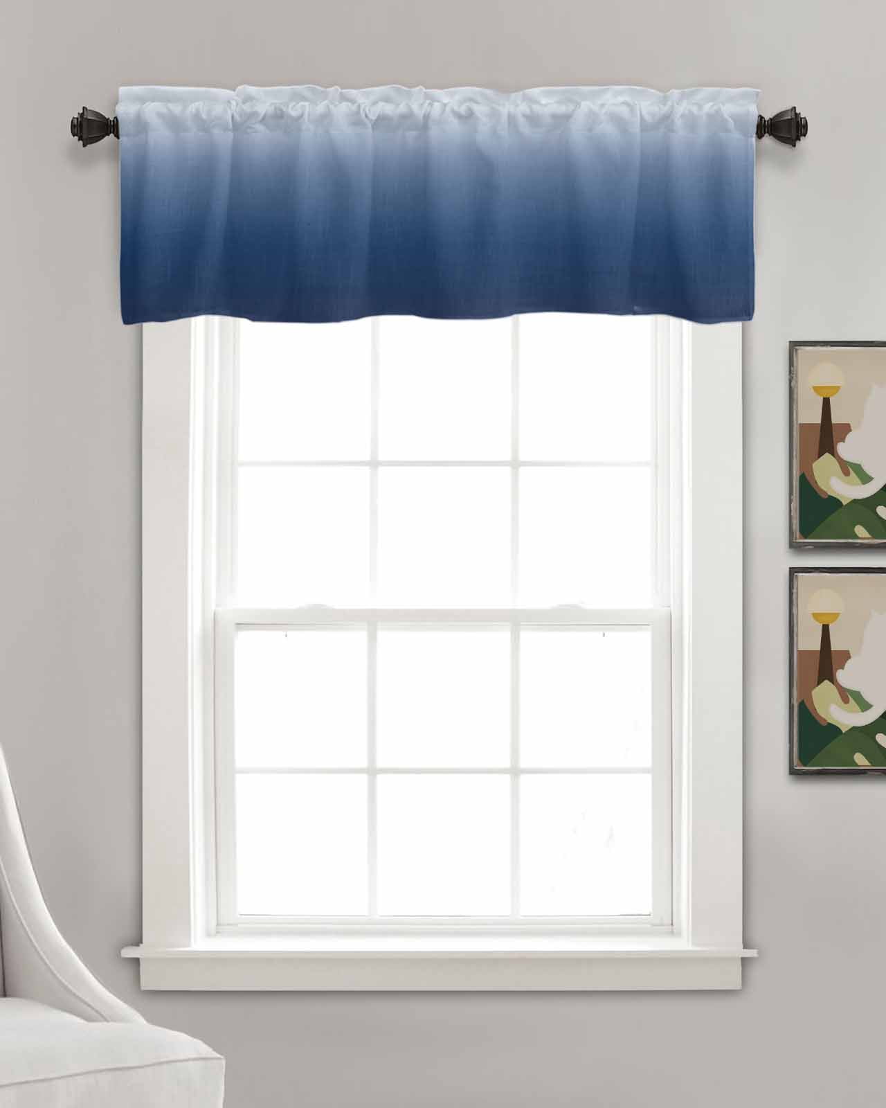 Navy Blue Ombre Kitchen Valances for Windows Farmhouse Linen Window Valance Curtain for Living Room Window Treatment Modern Abstract Art Gradient Aesthetics Valance Rod Pocket Topper, 42 x 12 Inch