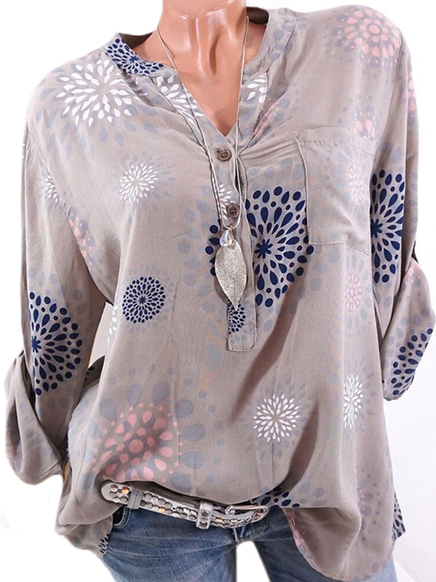 Women Casual Summer Tie Sleeve Wrap V Neck Floral Loose Blouses Tops T-Shirts