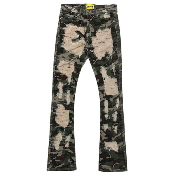 GFTD LA Los Angeles Men's Skinny Stacked Flared Distressed Rip Camo Denim Jeans (29, OG Camo)
