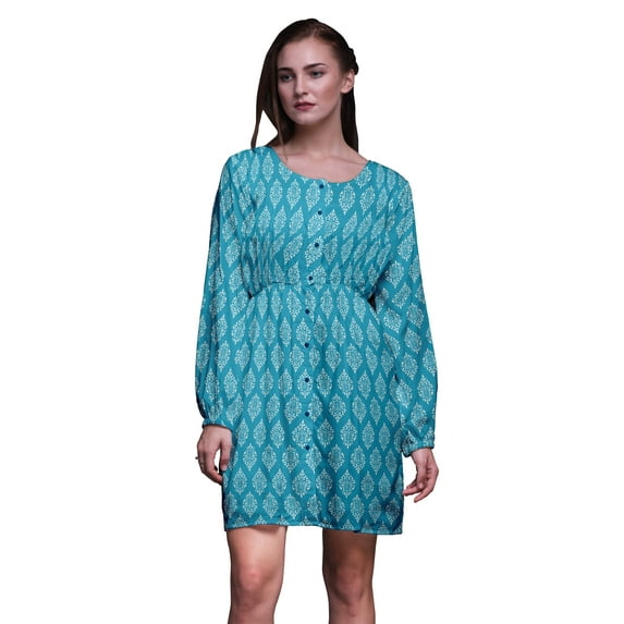 Bimba Blue Stencil Damask Button Down Midi Dress Women Tunic Long Sleeve Smocked Top-Small