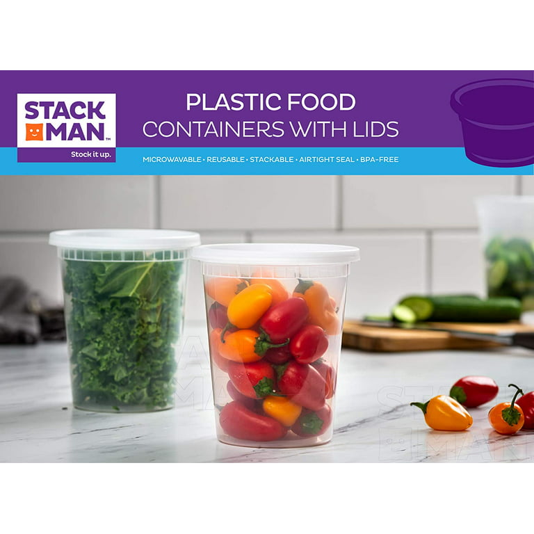 Stack Man [48 Pack, 16 oz] Plastic Deli Food Storage Soup Containers With  Airtight Lids, Freezer Safe, Meal Prep, Stackable, Leakproof