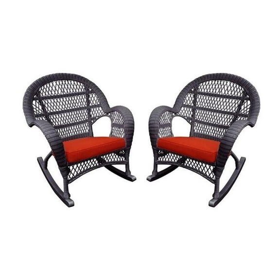 Jeco Resin Wicker Patio Rocker Chair in Espresso w/Brick Red Cushion (Set of 4)