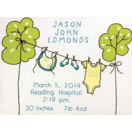 Clothesline Birth Record Crewel Embroidery Kit-12"X9" Stitched In Cotton And Wool