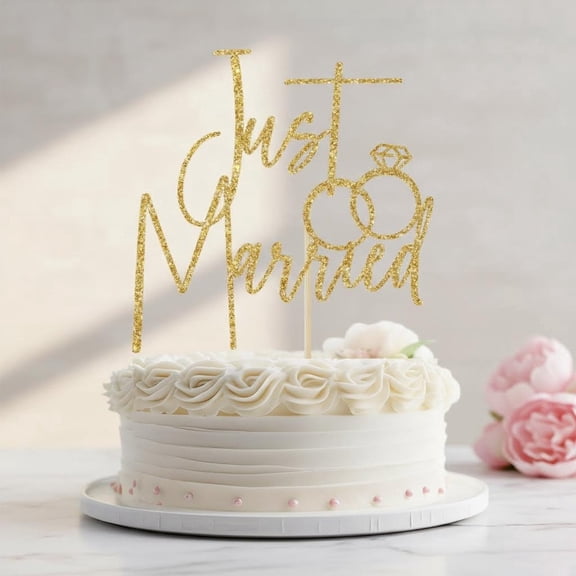 Just Married Cake Topper, Wedding Party Decoration, Bride & Groom, Gold Glitter