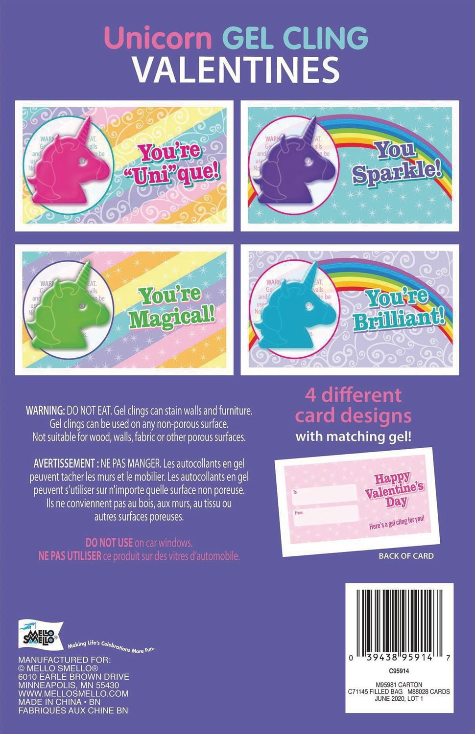 Mello Smello 16CT Unicorn Cling Gel Valentines Kiddie Cards