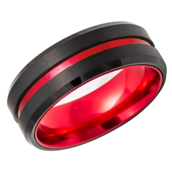 Men's Women's Tungsten Wedding Band Engagement Ring 8mm Rose Gold Plated Grooved Ring Anodized Red Aluminum Sleeve, SZ 11.5