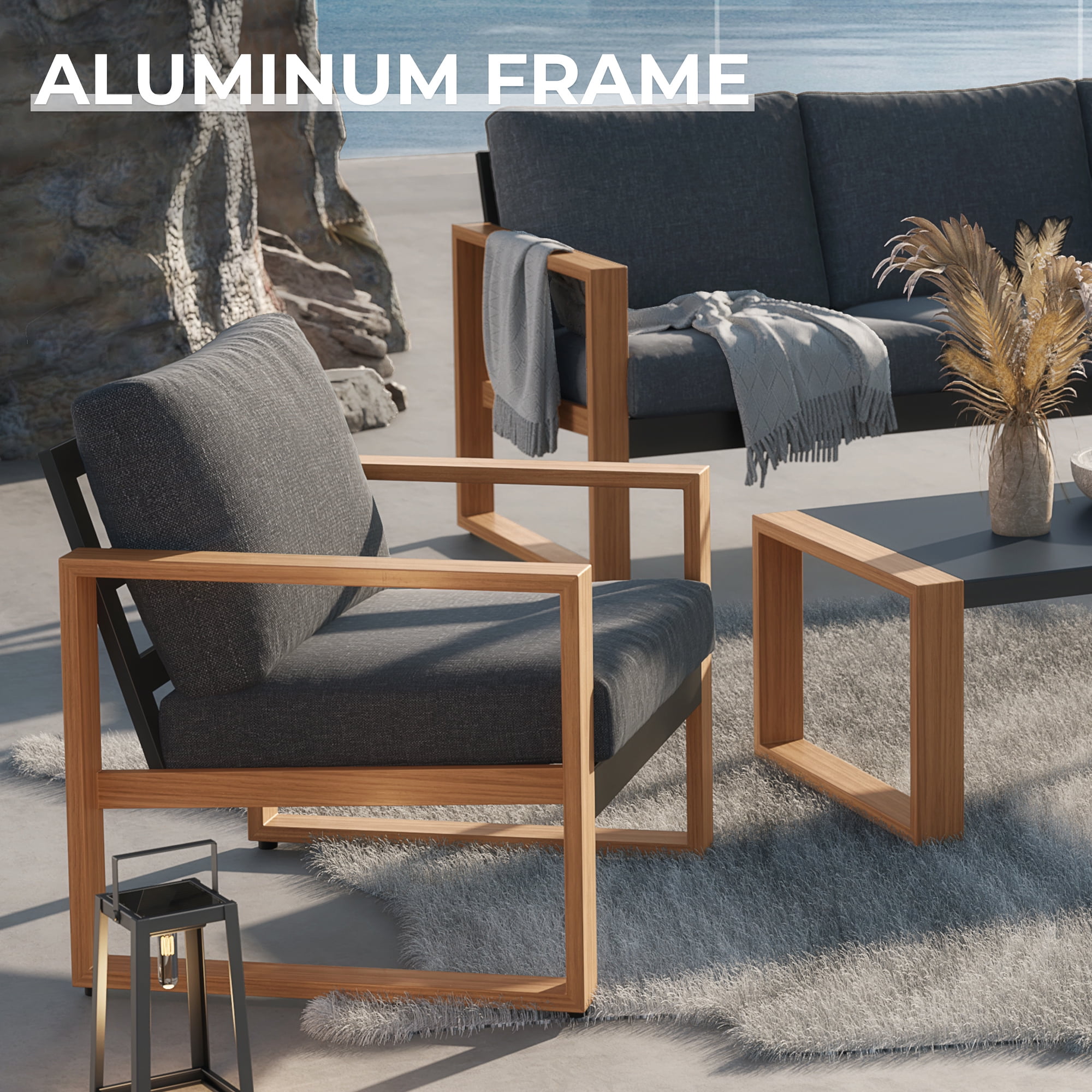 Grand Patio 4-Piece Outdoor Conversation Set, Modern Aluminum Patio Furniture Set 5-Person Conversation Set with Coffee Table, Gray & Natural