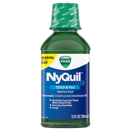 Vicks NyQuil, Nighttime Cold & Flu Symptom Relief, Relives Aches, Fever, Sore Throat, Sneezing, Runny Nose, Cough, 12 Fl Oz, Original (Best Medicine For Sore Throat Stuffy Nose And Headache)