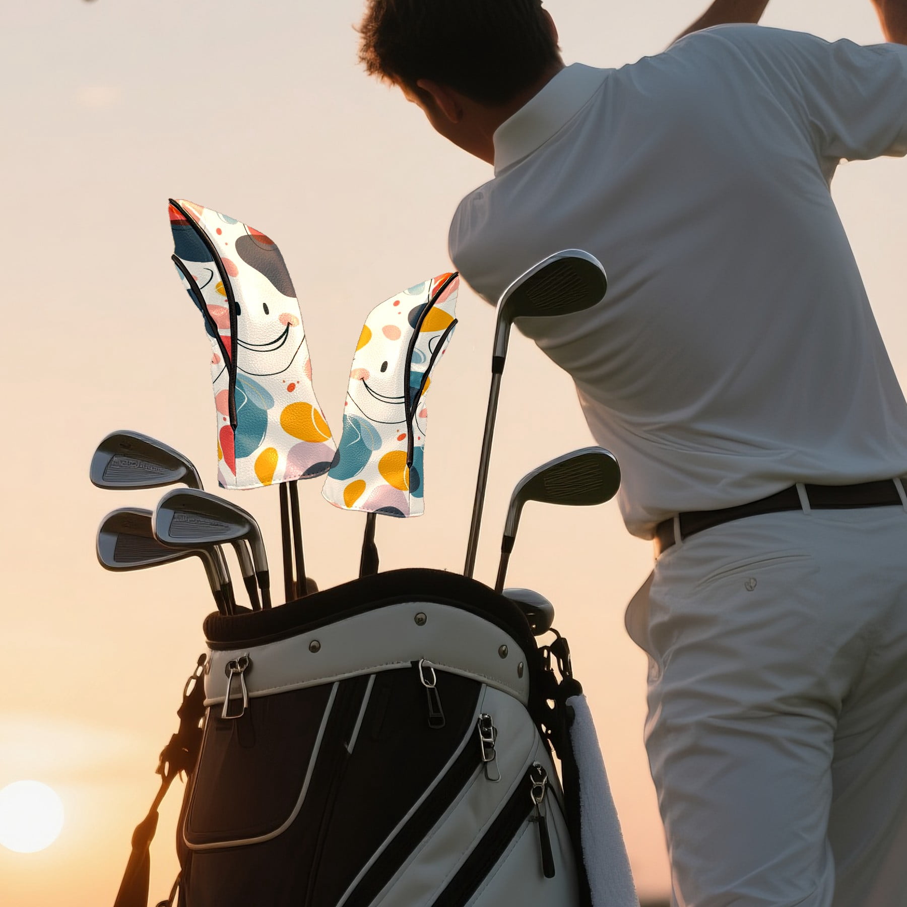 Golf Head Covers Simple Pattern Design for Driver, Wood & Hybrid, Premium Waterproof PU Leather with Plush Lining, Minimalist Golf Gifts
