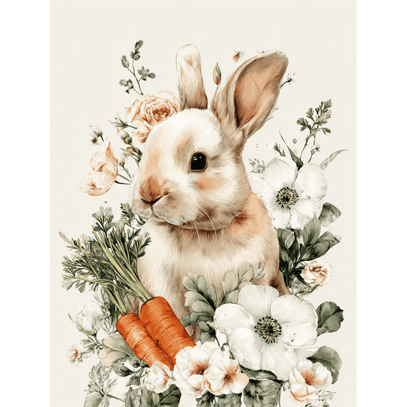 Qisvanset Bunny Carrots Flowers Canvas Wall Art 15.75x11.81 Inches