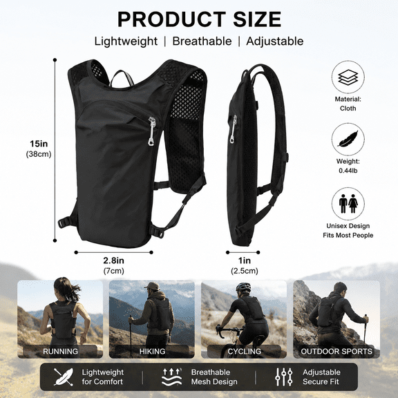 Black Running Hydration Vest Backpack, Lightweight Breathable Adjustable Hydration Pack, Comfort Fit Water Vest for Men Women, Ideal for Hiking, Cycling & Outdoor Sports