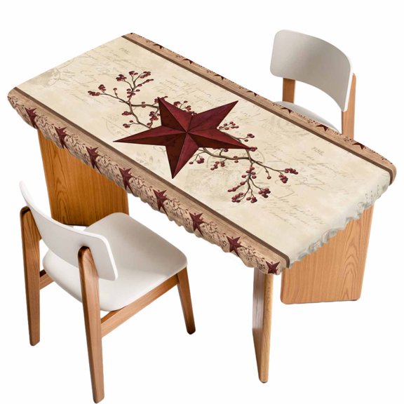 Red Texas Star Rustic Table Cloths for 5 Foot Rectangle Tables, Farmhouse Berry Brown Wooden Patio Waterproof Elastic Fitted Tablecloths, Washable Rectangular Table Cover for Camping