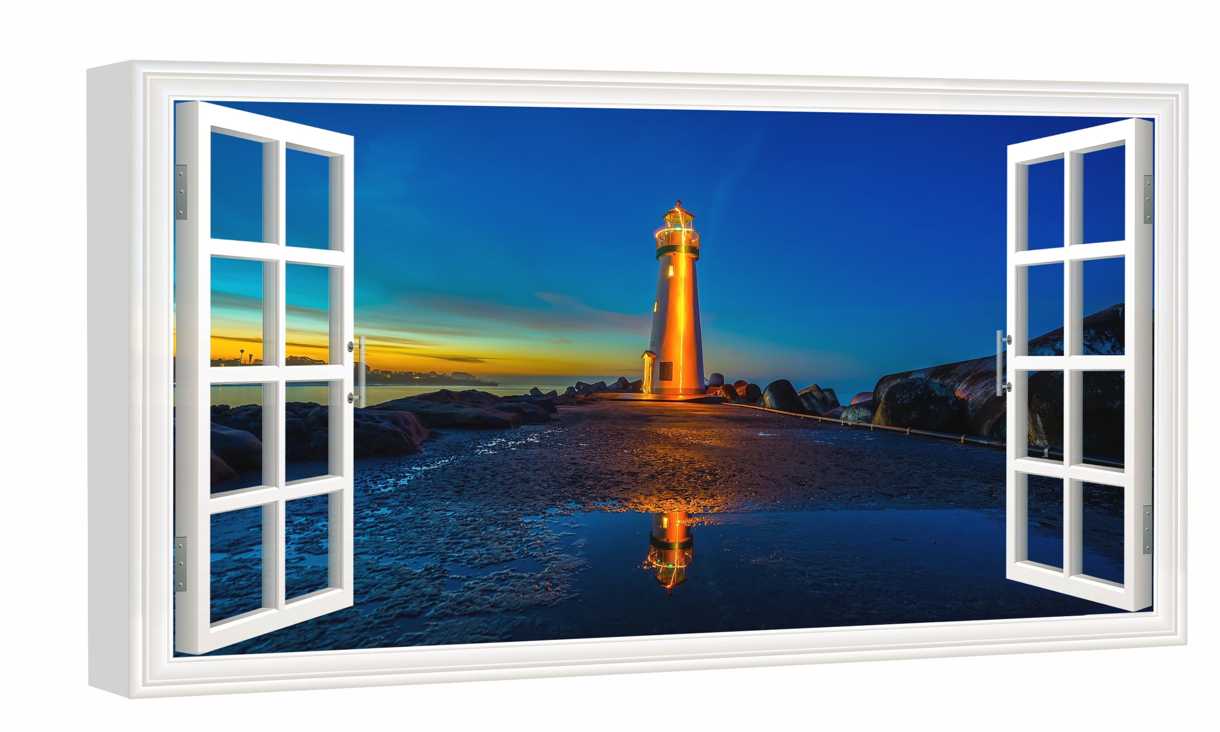 Window View of Lighthouses Sunsets Canvs Art Fake Open Window Wall Art