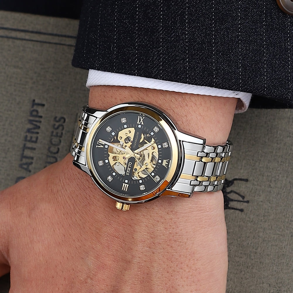 OLEVS Skeleton Watches for Mens Automatic Mechanical self Winding Diamond Luxury Business Dress Stainless Steel Waterproof Luminous Mens Wrist Watches Reloj Para Hombre Blue/White/Black/Gold Dial
