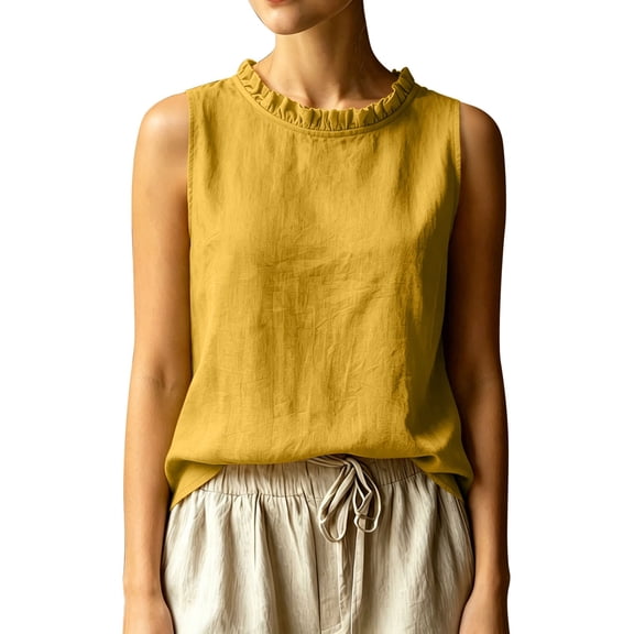 Women's Ruffle Trim Sleeveless Tank Top Summer Loose Fit High Neck Plain Shirts Casual Comfy Boho Beach Travel Tops Yellow