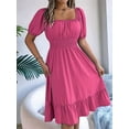 thumbnail image 4 of Women'S Boho Summer Square Neck Puff Sleeve Off Shoulder Smocked Tiered Casual A Line Short Mini Dress Rose Red M, 4 of 8