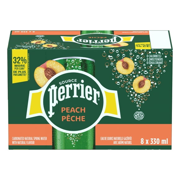 PERRIER Peach Carbonated Natural Spring Water with Natural Flavour, No Calories, No Sweeteners, No Sodium, Can 2.64 L